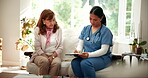 Women, nurse and clipboard with senior patient in sofa for medication or treatment checklist. People, chat and pensioner with caregiver in healthcare, retirement and nursing home with consultation