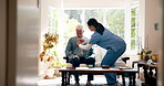 Nurse, elderly care and assistance as caregiver in home for health, wellness and support in retirement. Woman, senior man and patient with Alzheimers, age related illness or person with disability'?