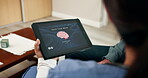 Nurse, senior patient and brain scan on tablet screen for Alzheimers, health and examination in hospital. People, technology and digital MRI results for disease, age related illness and nursing home