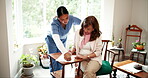 Assisted living, contract or documents with nurse and old woman in retirement home for checkup. Checklist, insurance or paper with caregiver and senior woman in living room together for support