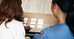 Nurse, senior woman and exercise in Alzheimers with paper for memory, problem solving and support. Nursing home, caregiver and patient with word activity for cognitive, brain training and recognition