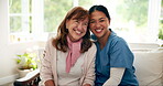 Nurse, senior woman and hug with empathy portrait, support and healthcare for retirement. Patient, caregiver and pensioner in nursing home, rehabilitation or elderly care for medical consultation