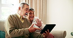 Senior couple, tablet and video call on couch with hello, connection and retirement in home. Happy, elderly man and woman on sofa with tech for virtual conversation, relax and greeting for chat app