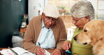 Elderly couple, budget and writing life insurance contract with banking checklist, statement and bills. Retirement fund, senior people and planning in home for will paperwork or financial documents