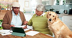 Elderly couple, budget or life insurance paperwork with banking checklist, statement or bills. Retirement fund, pet or senior people planning in home with will paperwork, dog or financial documents