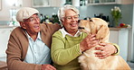 Senior couple, dog and happy at home with pet, rescue and golden retriever with care and smile. Marriage, retirement and elderly people with laugh, support and love for animal with trust on sofa