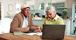 Senior couple, financial or laptop for banking update, mortgage balance or household bills in home. Retirement fund, planning or elderly people reading tablet, pension policy or loan summary online