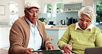 Senior couple, finance or tablet for banking update, mortgage balance or household bills. Retirement fund, planning or elderly people reading paperwork, pension policy or financial summary online