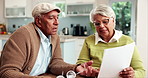 Elderly couple, financial stress or reading documents, mortgage balance or household bills. Retirement fund, inflation or senior people speaking of paperwork report, pension policy or debt summary 