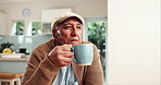 Senior man, coffee and relax in home with enjoyment or peace, retirement break or thinking with latte. Male person, pensioner or espresso in living room for wellness plan, calm or morning routine