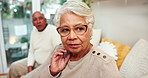 Senior couple, ignore and fight with conflict on sofa for disagreement, divorce or toxic relationship at home. Elderly man and woman with problem in living room dispute, breakup or argument at house