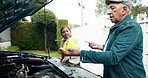 Teaching, learning and old man at car with child for engine maintenance, bonding and conversation. Motor mechanic, grandfather and girl helping with oil change, growth or development in home backyard