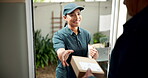 Courier woman, handshake and package for delivery to home, box or ecommerce for parcel service. Post officer, customer or logistics for senior person, internet or freight shipping for online purchase