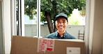 Happy woman, delivery and door with box in logistics for shipment, package or order at home. Portrait of female person with smile, parcel or cargo for courier service, online purchase or ecommerce