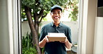 Courier woman, box and door for delivery of package, online order and distribution for post service. Face, smile for shipping of ecommerce to customer people, home and logistics with purchase goods