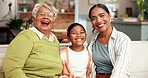 Family, face and child on sofa at house with happiness for bonding, care and mothers day together of childhood. Smile, women and girl laugh for funny joke with love, trust and generations in lounge