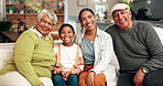 Portrait, generations and happy as family in couch at home for bonding, love and support. People, grandparents and mom with girl or kid with smile for care, love and trust in living room on couch