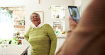 Senior woman, couple and taking photo in kitchen for social media and profile picture update with smile. Happy, retirement and new house with excited grandma with phone app and video at home 