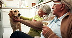 Happy, senior couple and wine with dog in house for connection, animal and memory in retirement. Elderly people, pet care and kitchen for bonding, relationship or together in home for support or love