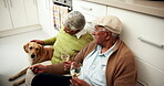 Dog, senior couple and kitchen with wine for bonding, care and support. People, family and pet or animal at home on floor with alcohol on retirement as pensioner for relationship and love together