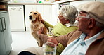 Pet, senior couple and kitchen with wine glass for bonding, care and support. People, family and smile with dog or animal at home on floor with alcohol on retirement as pensioner and relationship