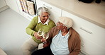 Above, senior couple and cheers with wine glass in kitchen floor for bonding, care and support. People, family and smile with love at home with alcohol on retirement, pensioner and relationship