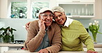 Hug, love and smile with old couple in kitchen of home together for bonding or retirement. Portrait, romance or support with happy man and woman embracing in apartment for break, relax or rest