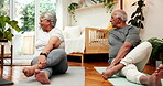 Senior, couple and yoga on floor in home for stretching, wellness and improve flexibility for arthritis management. Man, woman and exercise in house together for joint health, circulation and balance