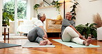 Senior, couple and yoga on floor in house for stretching, wellness and improve flexibility for arthritis management. Man, woman and exercise in home together for joint health, circulation and balance