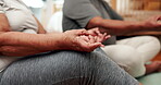 Elderly people, hands and lotus for yoga, fitness and retirement with meditation, zen and mind in morning. Senior couple, chakra and peace in studio for mental health, mindfulness and breathing