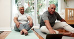 Senior, couple and yoga with tablet in home for virtual class, wellness and improve flexibility for arthritis management. Man, woman and online for tutorial for joint health, circulation and balance.