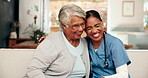 Happy, nurse and senior woman on sofa for support, hug and relief for positive diagnosis. Elderly person, caregiver and care in nursing home with healthcare, trust and recovery in assisted living