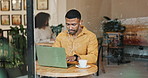 Man, laptop and freelancer in cafe for remote work, social networking and researching on internet. Email, copy writer and website content or press release project in restaurant, customer and working