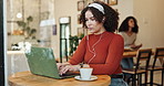 Woman, laptop and freelancer in cafe for remote work, social networking and research on internet. Email, copy writer and website content or press release project in restaurant, customer and working