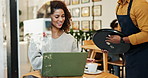 Customer, waiter and service in coffee shop for morning, happiness and hospitality in city. Woman, server and laptop in cafe for career, small business and client with technology for email or blog