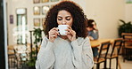 Woman, relax and smile with drinking coffee in cafe for break, satisfaction and peace on weekend. Happy, customer and person with warm beverage in restaurant for morning, caffeine drink and enjoyment