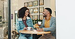 Coffee, talking and people in cafe for first date bonding together with flirting connection. Happy, conversation and young man and woman drink cappuccino at restaurant in morning for romantic meeting