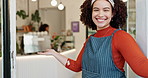 Open, smile and welcome with coffee shop waitress in doorway or entrance for hospitality. Cafe, friendly and portrait of confident or happy barista woman in restaurant for small business or startup