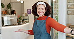 Friendly, smile and welcome with coffee shop waitress in doorway for hospitality or welcome. Cafe, entrance and portrait of confident or happy barista man in restaurant for small business or startup