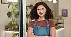 Arms crossed, funny and smile with coffee shop waitress in doorway for hospitality or welcome. Cafe, laughing and portrait of confident or happy woman in restaurant for small business or startup