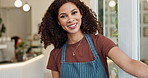 Hello, leading and welcome with coffee shop waitress in doorway or entrance for hospitality. Cafe, friendly and portrait of happy barista woman walking in restaurant for small business or startup