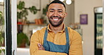 Arms crossed, laughing and smile with coffee shop waiter in doorway for hospitality or welcome. Cafe, funny and portrait of confident or happy barista man in restaurant for small business or startup