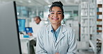 Portrait, woman and doctor on computer in lab for medical research, assessment report and results information. Smile, scientist and pc for test analysis, feedback news and pharmaceutical innovation