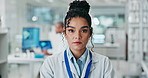 Face, woman and scientist in lab for research, pharma or healthcare innovation. Portrait, science and confident medical doctor, professional and chemical engineer working on development of medicine