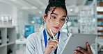 Scientist, woman and research with tablet in lab for medical report, writing and thinking for scientific development. Girl, technology and online for forensic investigation and science calculations.