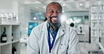 Portrait, happy man and scientist in lab for research, pharma or healthcare innovation. Face, science and smile of medical doctor, professional or biochemist laugh for medicine development with flare