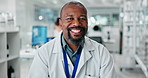 Face, happy man and scientist in lab on computer for research, pharma or healthcare innovation. Portrait, science and smile of medical doctor, professional or chemist on tech for medicine development