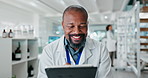 Man, scientist and tablet in lab for healthcare research or pharmaceutical review, biotech or test result. Male person, ebook and innovation for lecanemab or medical drug, check on surgery schedule