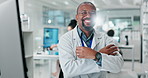 Black man, scientist and smile for biotechnology, analysis and biomedical research with dna in laboratory. Computer, specialist person and genome editing for Alzheimer cure, clinic trail and expert