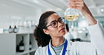 Woman, scientist and chemical in glass beaker for research study to experiment, test and investigation. Equipment, lab and liquid as sample on scientific or medical development for drug trial
